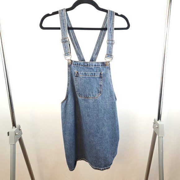 Forever 21 Rigid Denim Overall Dress / Pinafore w/Front Pocket L 100% Cotton - Picture 1 of 14
